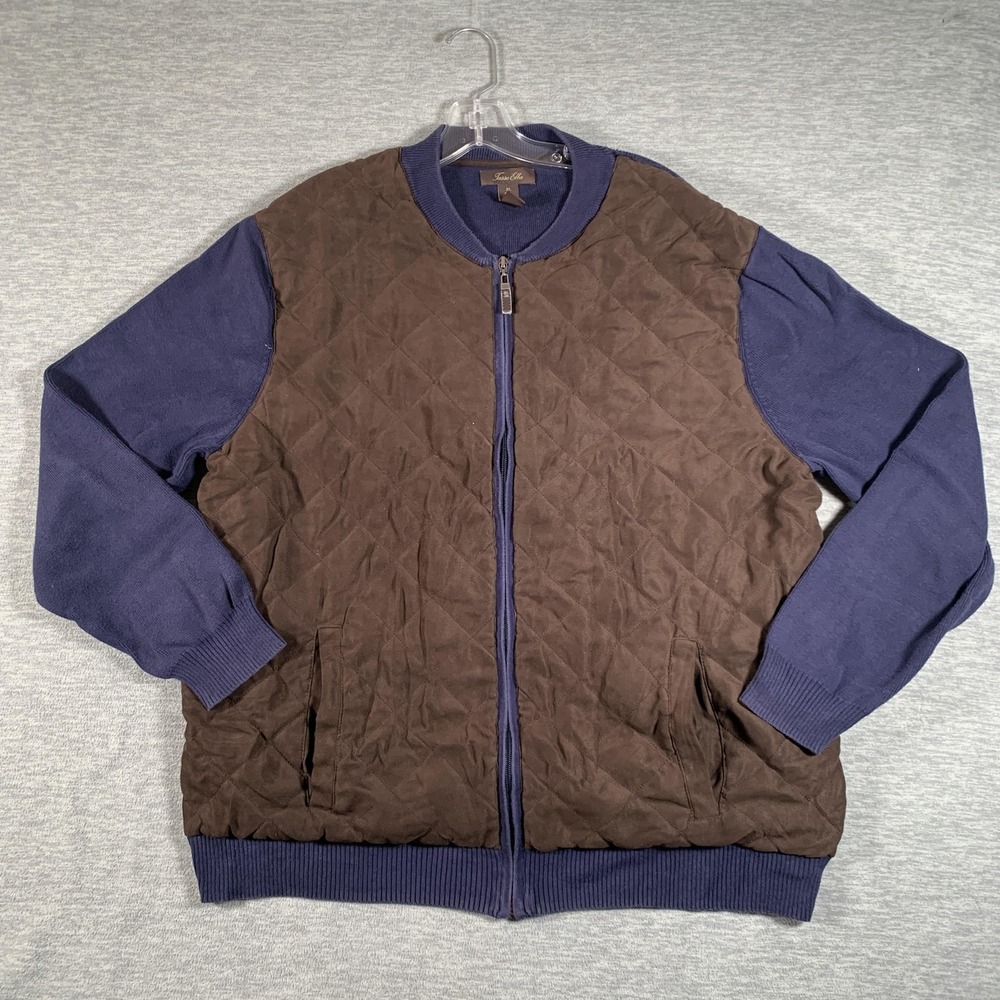 Tasso Elba Jacket Mens XL Brown Navy Quilted Front Knit Sleeves Full Zip Bomber